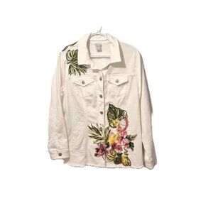 Chico’s Artisan Palm Tropical Print Denim Jacket Size 2 (US 12/14) Discontinued